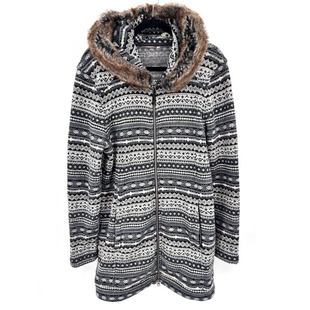 ATHLETA Gray Fair Isle Nordic Fur Lined Long Sweater Jacket Size XL